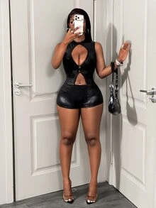 BamGleam 女款純色PU皮革鏤空上衣與短褲時尚性感兩件套，黑色，適合夜店、外出、夜生活、夏季、萬聖節 - 黑色 - 查看 6