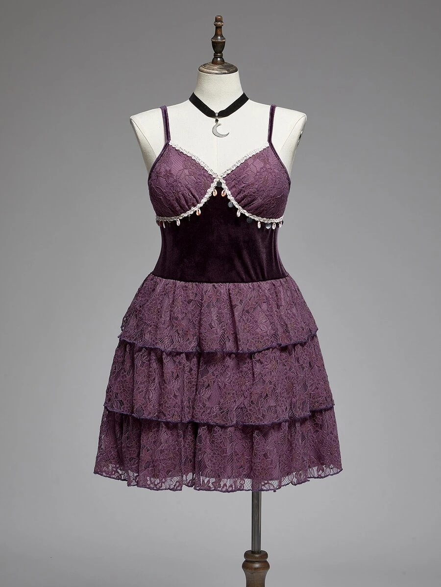 ROMWE Hippie Plus Size Color Block Layered Elegant Camisole Dress Winter - Purple - View 1
