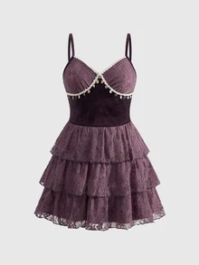 ROMWE Hippie Plus Size Color Block Layered Elegant Camisole Dress Winter - Purple - View 5