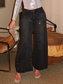 Maria Perezxox Women's Rhinestone Embellished Black Denim Long Jeans: Sparkle At Your Next Party, Y2k Clothes Women - Grey - View 4