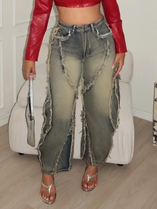 Maria Perezxox Women's Loose Fit Pockets Frayed Hem Wide Leg Casual Jeans - Multicolor - View 6
