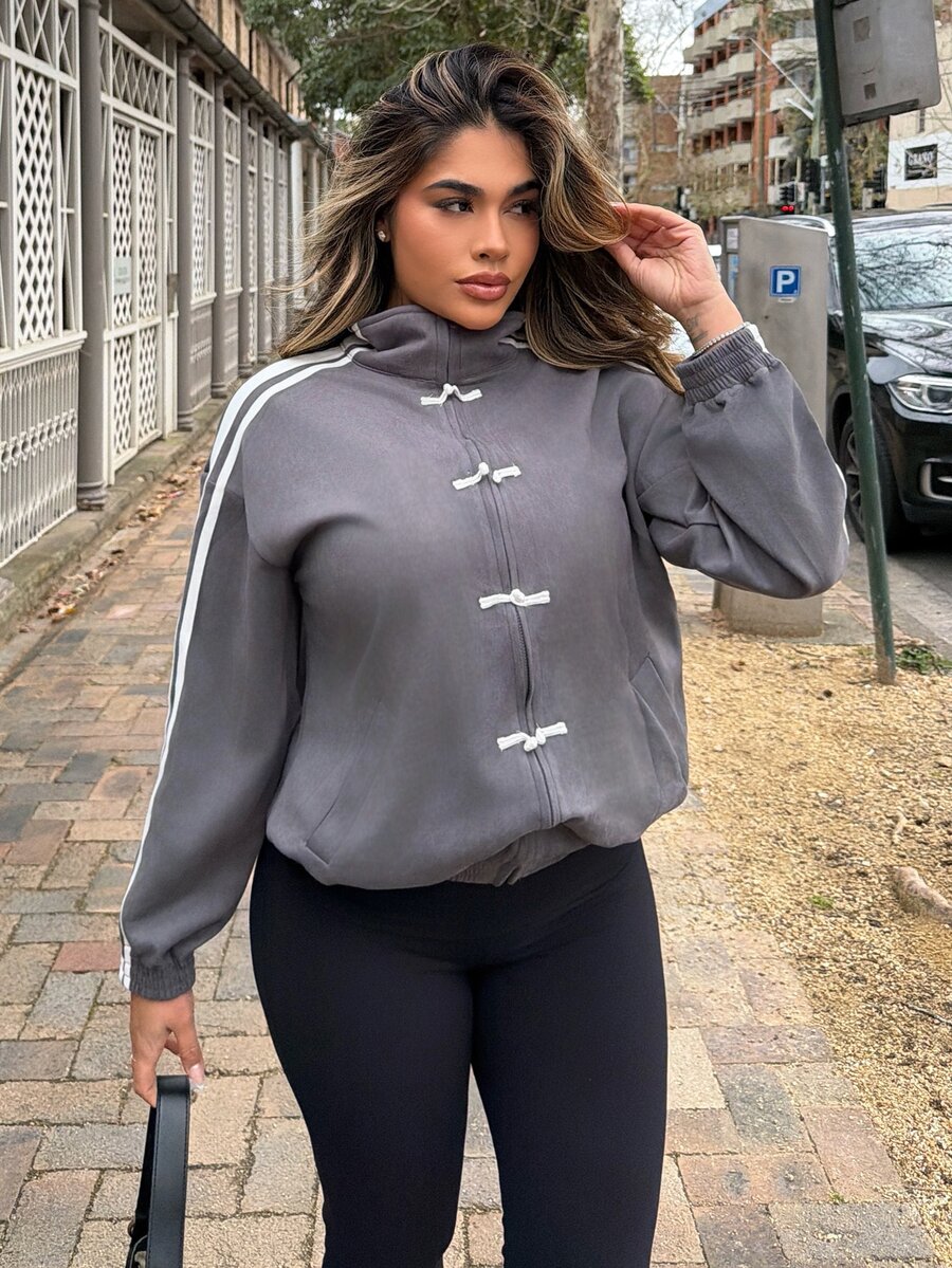 Maria Perezxox Women's Casual Gray Striped Knit Lightweight Jacket, Autumn - Grey - View 1