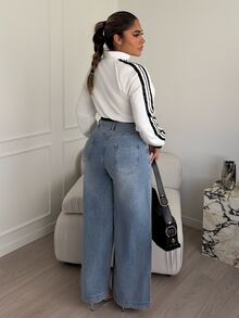 Maria Perezxox Women's Casual Washed Letter Print Wide Leg Jeans - Blue - View 2