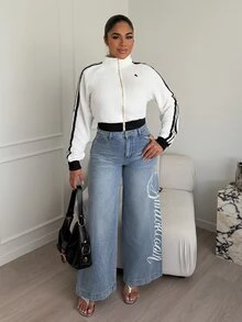 Maria Perezxox Women's Casual Washed Letter Print Wide Leg Jeans - Blue - View 4