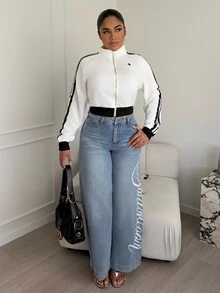 Maria Perezxox Women's Casual Washed Letter Print Wide Leg Jeans - Blue - View 5