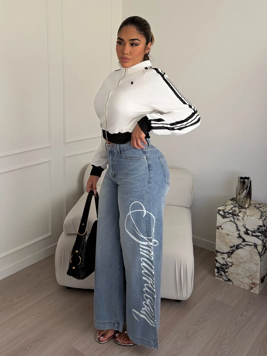 Maria Perezxox Women's Casual Washed Letter Print Wide Leg Jeans - Blue - View 1