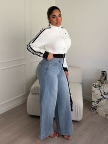 Maria Perezxox Women's Casual Washed Letter Print Wide Leg Jeans - Blue - View 3