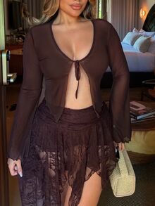 Maria Perezxox 薄紗女士前結束頂部 - 咖啡棕 - 查看 5