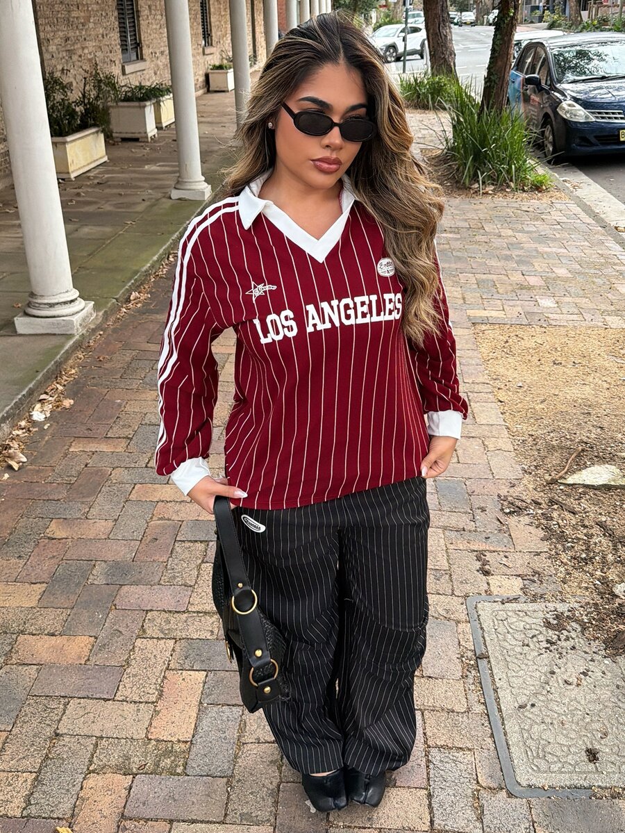 Maria Perezxox Women's New Striped Letter & Numeral Print Active T-Shirt - Red - View 1