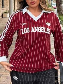Maria Perezxox Women's New Striped Letter & Numeral Print Active T-Shirt - Red - View 6