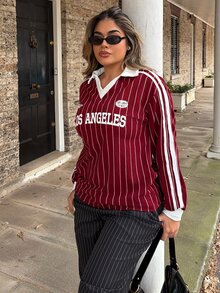 Maria Perezxox Women's New Striped Letter & Numeral Print Active T-Shirt - Red - View 5