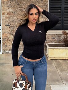 Maria Perezxox Women's Casual Minimalist Embroidery Detail Sweater,Tops For School In Fall/Winter - Black - View 3