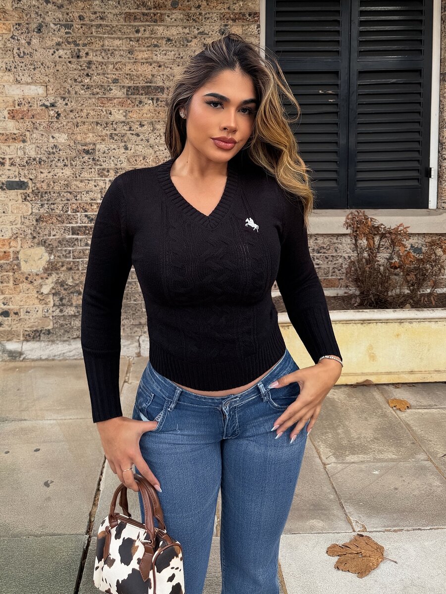 Maria Perezxox Women's Casual Minimalist Embroidery Detail Sweater,Tops For School In Fall/Winter - Black - View 1