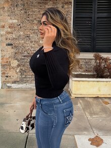 Maria Perezxox Women's Casual Minimalist Embroidery Detail Sweater,Tops For School In Fall/Winter - Black - View 4