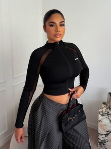 Maria Perezxox Mesh Insert Mock Neck Zip Front Form Fitting Long Sleeve T-Shirt - Black - View 3