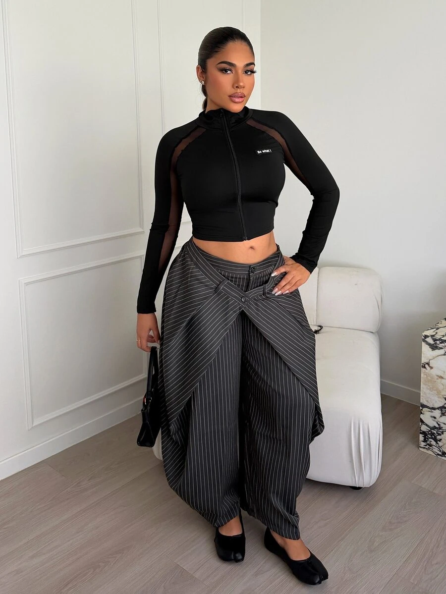 Maria Perezxox Mesh Insert Mock Neck Zip Front Form Fitting Long Sleeve T-Shirt - Black - View 1
