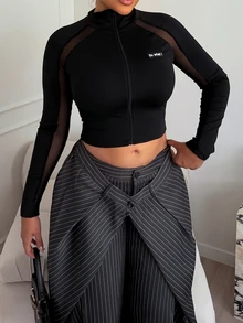 Maria Perezxox Mesh Insert Mock Neck Zip Front Form Fitting Long Sleeve T-Shirt - Black - View 6