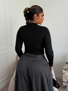 Maria Perezxox Mesh Insert Mock Neck Zip Front Form Fitting Long Sleeve T-Shirt - Black - View 2