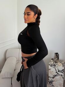 Maria Perezxox Mesh Insert Mock Neck Zip Front Form Fitting Long Sleeve T-Shirt - Black - View 4