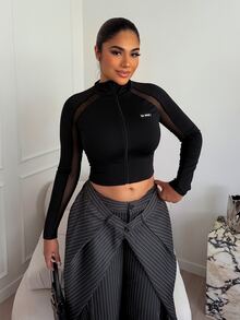 Maria Perezxox Mesh Insert Mock Neck Zip Front Form Fitting Long Sleeve T-Shirt - Black - View 5