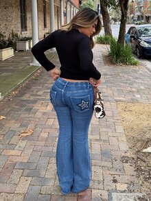 Maria Perezxox Women's Star Embroidery Rhinestone Decor Low Waist Stretchy Skinny Washed Flare Jeans,Navy Blue,Summer,Casual,Street Wear Y2k,Everyday Flared Jeans - Medium Wash - View 2