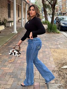 Maria Perezxox Women's Star Embroidery Rhinestone Decor Low Waist Stretchy Skinny Washed Flare Jeans,Navy Blue,Summer,Casual,Street Wear Y2k,Everyday Flared Jeans - Medium Wash - View 1