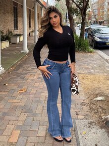 Maria Perezxox Women's Star Embroidery Rhinestone Decor Low Waist Stretchy Skinny Washed Flare Jeans,Navy Blue,Summer,Casual,Street Wear Y2k,Everyday Flared Jeans - Medium Wash - View 4