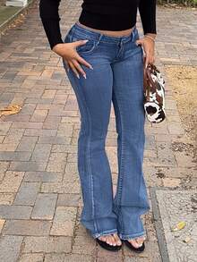 Maria Perezxox Women's Star Embroidery Rhinestone Decor Low Waist Stretchy Skinny Washed Flare Jeans,Navy Blue,Summer,Casual,Street Wear Y2k,Everyday Flared Jeans - Medium Wash - View 6