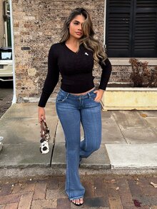 Maria Perezxox Women's Star Embroidery Rhinestone Decor Low Waist Stretchy Skinny Washed Flare Jeans,Navy Blue,Summer,Casual,Street Wear Y2k,Everyday Flared Jeans - Medium Wash - View 5