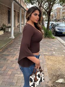Maria Perezxox Women's Solid Color Ruched Deep V-Neck Sexy Flare Sleeve Bodycon T-Shirt - Coffee Brown - View 4