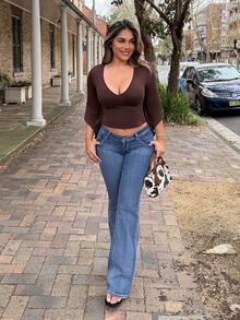 Maria Perezxox Women's Solid Color Ruched Deep V-Neck Sexy Flare Sleeve Bodycon T-Shirt - Coffee Brown - View 5