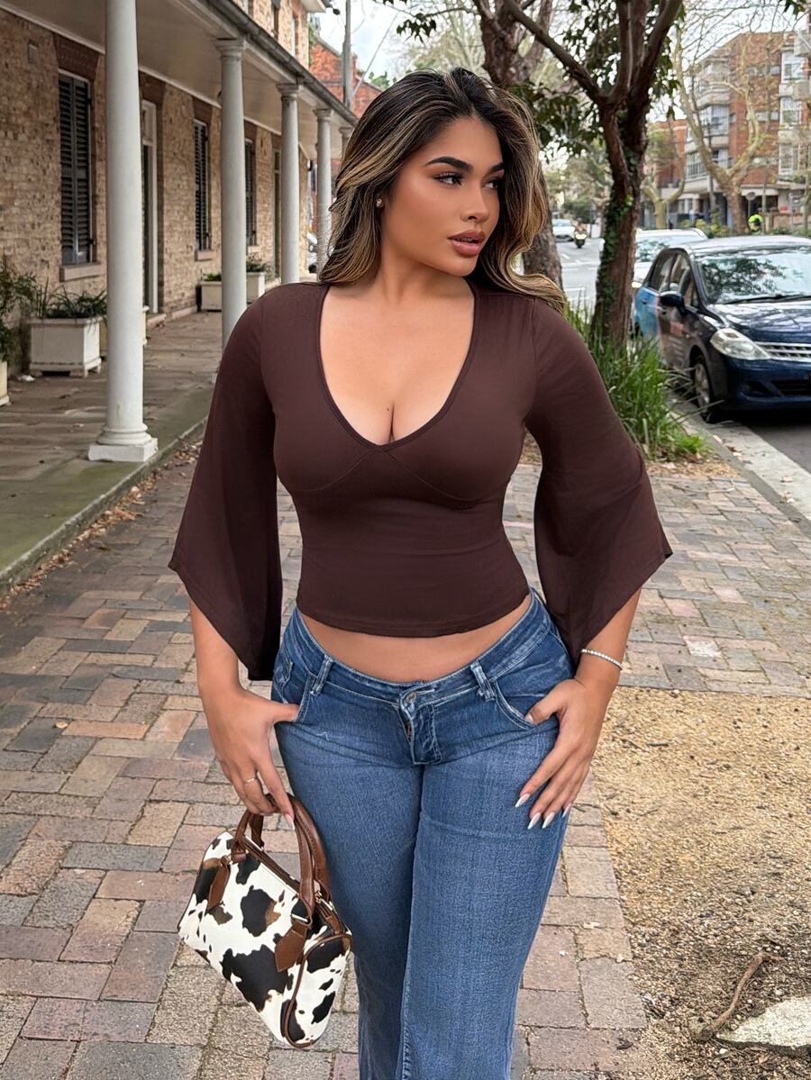 Maria Perezxox Women's Solid Color Ruched Deep V-Neck Sexy Flare Sleeve Bodycon T-Shirt - Coffee Brown - View 1