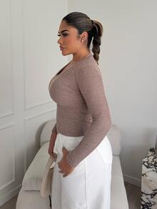 Maria Perezxox Women's Winter Streetwear Renaissance Fair Basic Casual Rib Knit Warm/ Cold Weather/ Thermal Stretchy Long Sleeve V-Neck  Tan T-Shirt - Coffee Brown - View 3