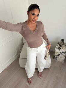 Maria Perezxox Women's Winter Streetwear Renaissance Fair Basic Casual Rib Knit Warm/ Cold Weather/ Thermal Stretchy Long Sleeve V-Neck  Tan T-Shirt - Coffee Brown - View 1