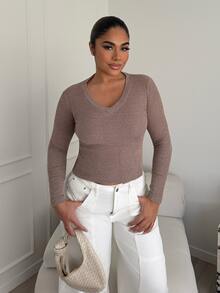 Maria Perezxox Women's Winter Streetwear Renaissance Fair Basic Casual Rib Knit Warm/ Cold Weather/ Thermal Stretchy Long Sleeve V-Neck  Tan T-Shirt - Coffee Brown - View 5