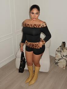 Maria Perezxox 2pcs/Set Streetwear Women Fuzzy Off Shoulder Long Sleeve T-Shirt And Low-Waist Fuzzy Patchwork Drawstring Shorts, Cheetah Print Two Piece, Leopard Set - Black - View 1