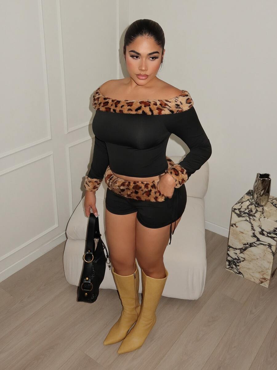 Maria Perezxox 2pcs/Set Streetwear Women Fuzzy Off Shoulder Long Sleeve T-Shirt And Low-Waist Fuzzy Patchwork Drawstring Shorts, Cheetah Print Two Piece, Leopard Set - Black - View 1