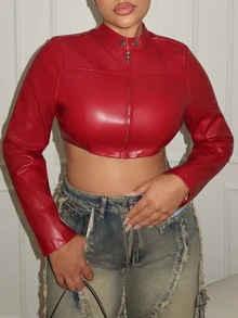 Maria Perezxox 女士秋冬街头风嬉皮运动休闲 Y2K 基本款皮革舒适拉链酒红色修身短款长袖夹克， - 紅色 - 查看 6