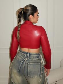 Maria Perezxox 女士秋冬街头风嬉皮运动休闲 Y2K 基本款皮革舒适拉链酒红色修身短款长袖夹克， - 紅色 - 查看 2