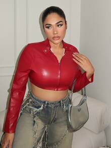 Maria Perezxox 女士秋冬街头风嬉皮运动休闲 Y2K 基本款皮革舒适拉链酒红色修身短款长袖夹克， - 紅色 - 查看 5