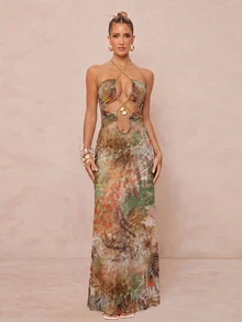 Lumalex Metal Chain Bead Shell Decor Leopard Print Slim Fit Elegant Slit Vacation Dress, Suitable For Beach Vacation, Vacation Long Dress, Beach Dress, Backless Dress, Spring/Summer - Green - View 4