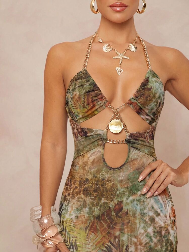 Lumalex Metal Chain Bead Shell Decor Leopard Print Slim Fit Elegant Slit Vacation Dress, Suitable For Beach Vacation, Vacation Long Dress, Beach Dress, Backless Dress, Spring/Summer - Green - View 5
