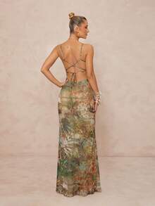 Lumalex Metal Chain Bead Shell Decor Leopard Print Slim Fit Elegant Slit Vacation Dress, Suitable For Beach Vacation, Vacation Long Dress, Beach Dress, Backless Dress, Spring/Summer - Green - View 7