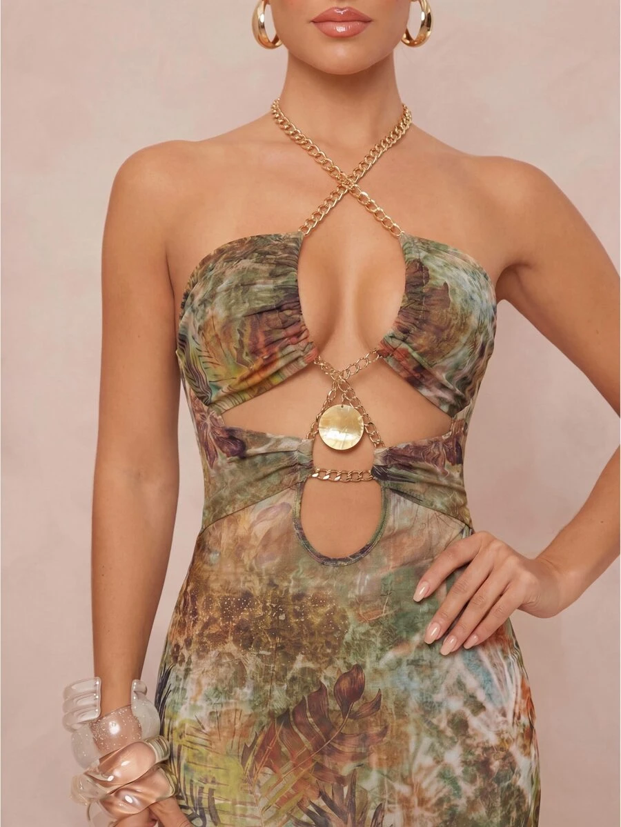 Lumalex Metal Chain Bead Shell Decor Leopard Print Slim Fit Elegant Slit Vacation Dress, Suitable For Beach Vacation, Vacation Long Dress, Beach Dress, Backless Dress, Spring/Summer