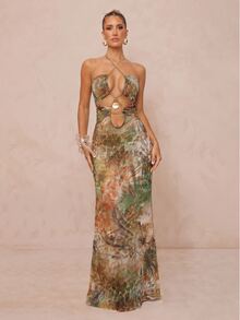 Lumalex Metal Chain Bead Shell Decor Leopard Print Slim Fit Elegant Slit Vacation Dress, Suitable For Beach Vacation, Vacation Long Dress, Beach Dress, Backless Dress, Spring/Summer - Green - View 11