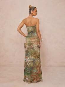 Lumalex Metal Chain Bead Shell Decor Leopard Print Slim Fit Elegant Slit Vacation Dress, Suitable For Beach Vacation, Vacation Long Dress, Beach Dress, Backless Dress, Spring/Summer - Green - View 3