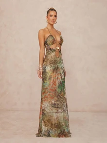 Lumalex Metal Chain Bead Shell Decor Leopard Print Slim Fit Elegant Slit Vacation Dress, Suitable For Beach Vacation, Vacation Long Dress, Beach Dress, Backless Dress, Spring/Summer - Green - View 10