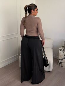 Maria Perezxox Women's Casual Solid Color Knit Loose Wide-Leg Washed Pants - Black - View 2