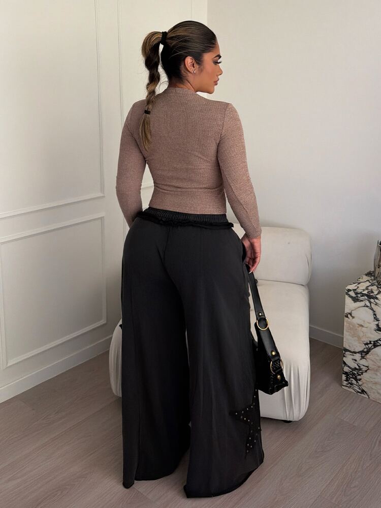 Maria Perezxox 女士休闲纯色针织宽松阔腿水洗裤 - 黑色 - 查看 2