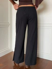 SHEIN EZwear 休閒百搭黑色編織長褲 - 黑色 - 查看 8